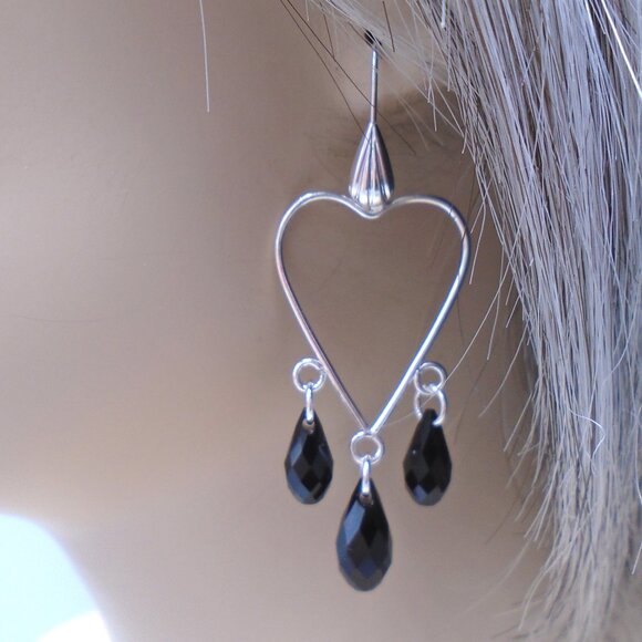 NWT ~ SILVER JET BLACK AUSTRIAN Teardrop Crystals Chandelier Earrings - Picture 2 of 2